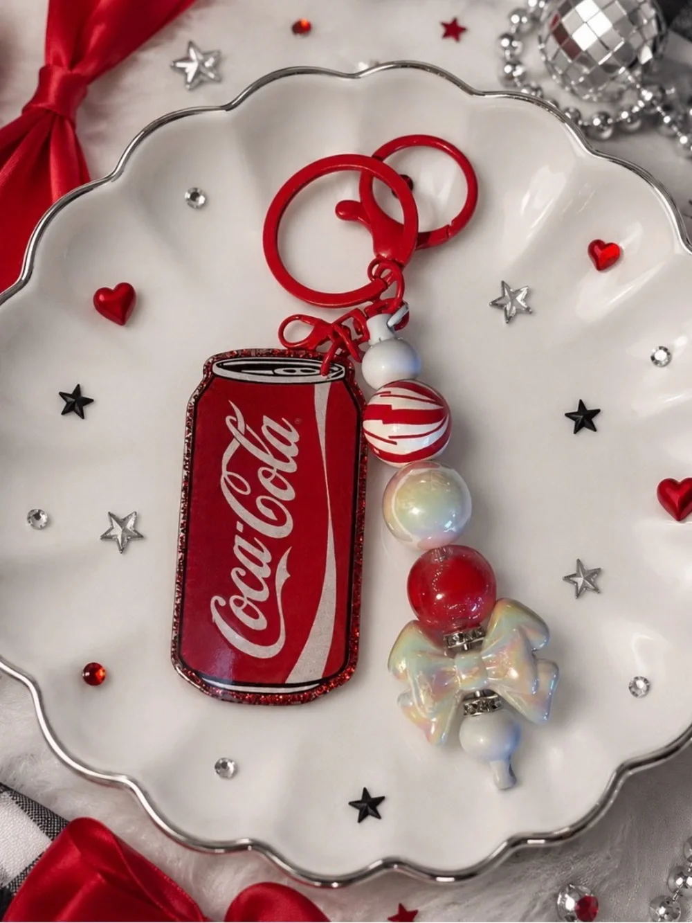 Handmade Cola Red Can Keychain with Bead Charm